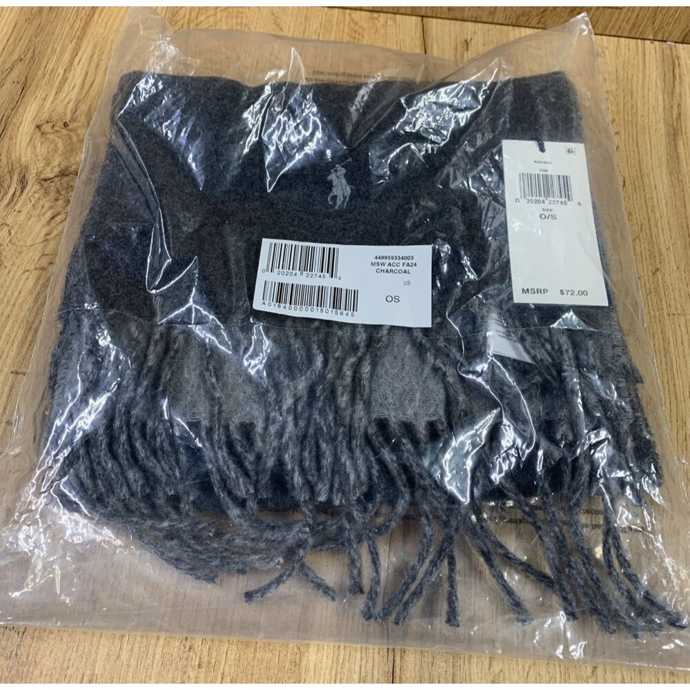 Polo Ralph Lauren Italian Wool Blend Knit Solid Charcoal Men's Fringe Scarf NWT
